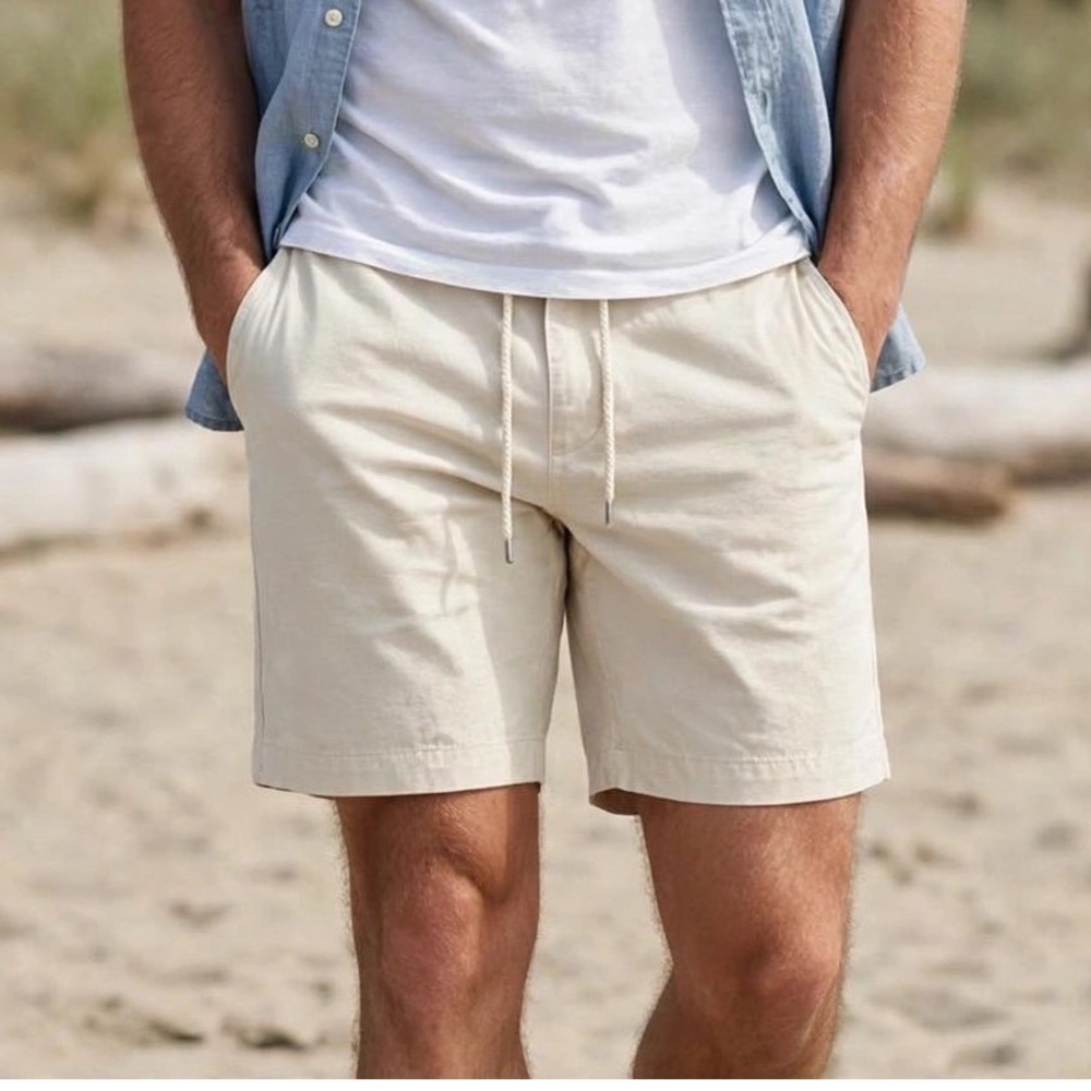 Across the Pond Mens Chino Shorts Beige Drawstring Waist Size 34 Cotton Spandex